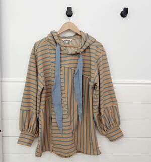 Women’s Davi & Dani Stripe Boho Hooded Sweater Bell Sleeves M